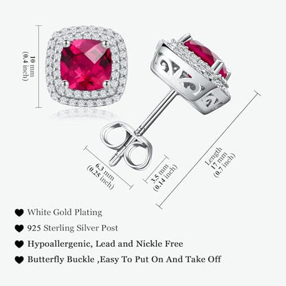 Dainty Birthstone Earrings for Women Sterling Silver Small Stud Earrings with Halo Cushion/Round Created Gemstone Earrings Birthstone Jewelry - style: A 07. July/created ruby-cushion cut