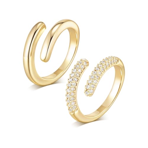 Stackable Gold Rings Set for Women - 14K Gold Plated Cubic Zirconia Adjustable Open Bands, Dainty Trendy Stacking Rings, Anniversary Christmas Birthday Jewelry Gift for Her