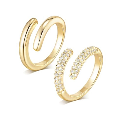 Stackable Gold Rings Set for Women - 14K Gold Plated Cubic Zirconia Adjustable Open Bands, Dainty Trendy Stacking Rings, Anniversary Christmas Birthday Jewelry Gift for Her