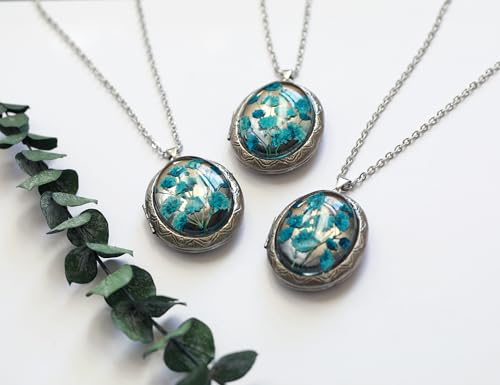 Handmade Oval Shaped Photo Locket with dried Pressed Flowers Locket pendant Necklace - style: Blue Baby's Breath-Silver