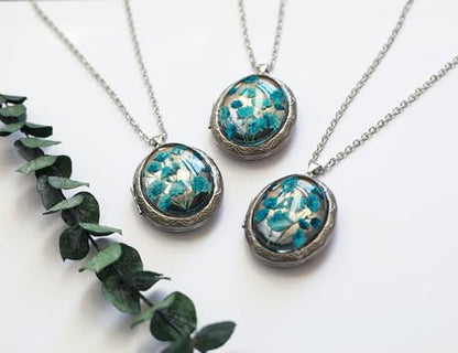 Handmade Oval Shaped Photo Locket with dried Pressed Flowers Locket pendant Necklace - style: Blue Baby's Breath-Silver