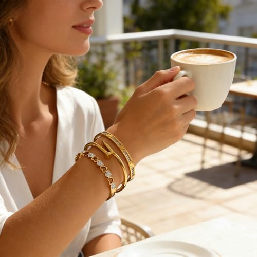 Gold Bangle Bracelets Set Stainless Steel Heart Stack Bracelet Hypoallergenic Dainty Bracelet For Women - color: 3pcs Set