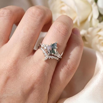 14K Gold Plated Natural Moss Agate Stackable Ring for Women | Promise Wedding Band Diamond Cut Green Moss Agate Stackable Rings Set Valentine & Anniversary Jewelry Gifts Size 5-9 - color: White Gold