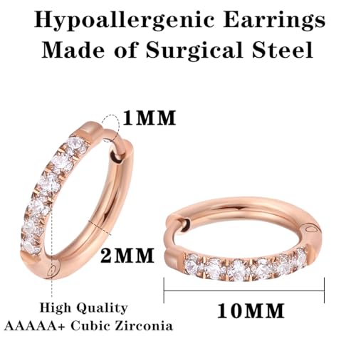 316L Surgical Steel Huggie Hoop Earrings | Dainty Pave Cubic Zirconia Cartilage Tiny Earring for Sensitive Ears Hypoallergenic Lightweight for Women Men - style: Rose Gold Plated,20G*10mm
