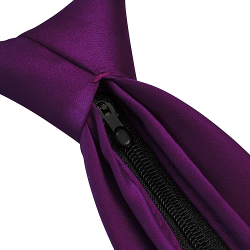 Branduce 3.15"（8cm） Mens Solid Satin Tie Pre-tied Adjustable Zipper Necktie for Business and Wedding - color: Dark Purple