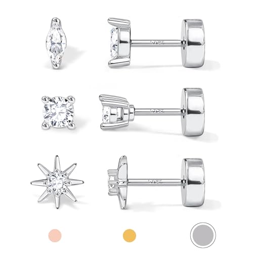 14K Gold Plated 925 Sterling Silver Flat Back Earrings Set | Hypoallergenic Cartilage Helix Conch Tragus Piercing Jewelry 3 Pairs Small Screw Dainty CZ Opal Earring Set Men Women - color: Silver, Style B