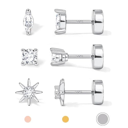 14K Gold Plated 925 Sterling Silver Flat Back Earrings Set | Hypoallergenic Cartilage Helix Conch Tragus Piercing Jewelry 3 Pairs Small Screw Dainty CZ Opal Earring Set Men Women - color: Silver, Style B
