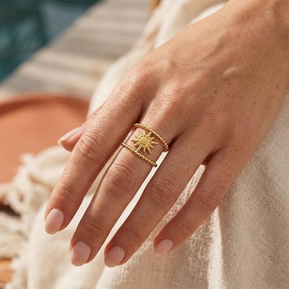 AeraVida Gold Plated Sunburst Ring Adjustable 7-9 (Adjustable), Stainless Steel Double Layer Ring, Celestial Sun Jewelry, Open Band Fashion Ring