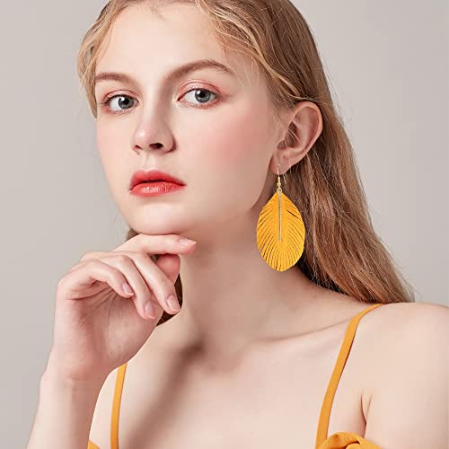YUNXI Large Genuine Soft Leather Handmade Fringe Feather Lightweight Leaf with Simple Drop Metal Bar Tear Drop Dangle Color Earrings for Women - color: Yellow