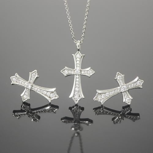 Gold Plated Imitation Diamond Cross Necklace and Earrings Set for Women Cubic Zirconia Trendy Stud Earrings and Cross Pendant Necklaces Jewelry Set Dainty Cross Cute Faith Jewelry Gifts Set - color: Silver