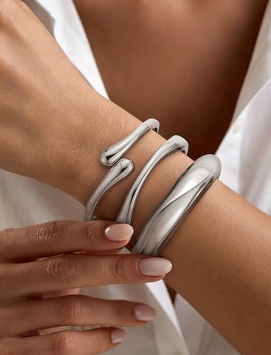 Chunky Gold Bangle Bracelets for Women – 14k Gold Plated | Cuff Bangles, Stackable Bracelet Set, Wide Trendy Fashion, Jewelry Gift - color: 01-Silver-3pcs