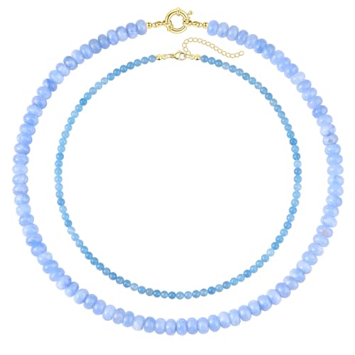 CASDAN 2Pcs Natural Gemstone Beaded Choker Necklaces for Women | Boho Colorful Beads Choker,Natural Stone Surfer Beach Necklaces,Handmade Summer Jewelry,Charm Trendy Necklaces - color: Light blue