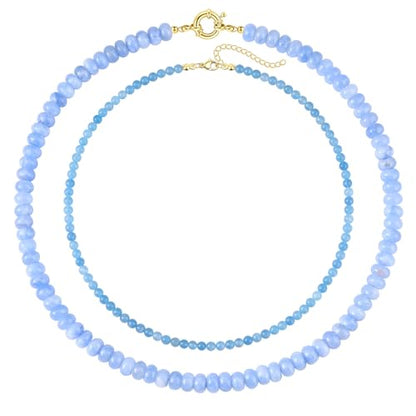 CASDAN 2Pcs Natural Gemstone Beaded Choker Necklaces for Women | Boho Colorful Beads Choker,Natural Stone Surfer Beach Necklaces,Handmade Summer Jewelry,Charm Trendy Necklaces - color: Light blue