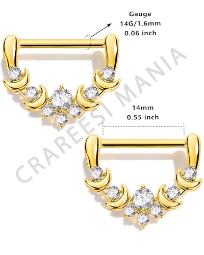 CM Crareesi Mania Moon Nipple Clicker Rings,14G Nipple Shield Rings, 316L Stainless Steel Nipple Barbells Clear CZ, Nipple Rings for Women - color: Gold