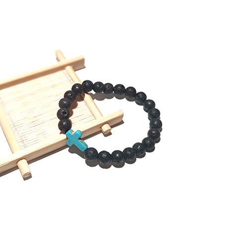 8MM Ornament Lava Volcanic Stone Beads Turquoise Cross Elastic Stretch Bracelet Religion Bangle for Women Men - color: Blue