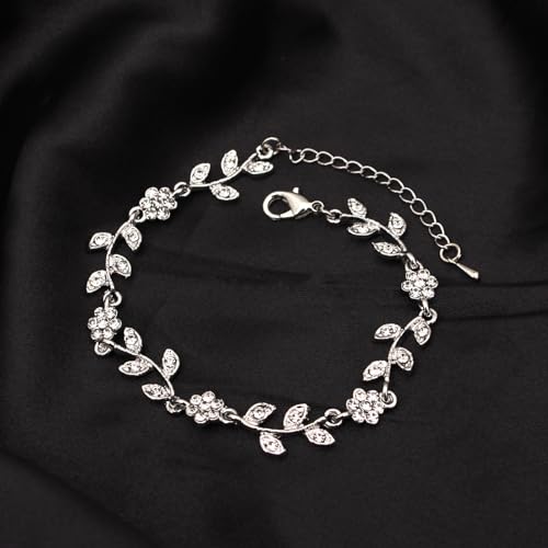 Austrian Crystal Rhinestone Choker Necklace Dangle Earring Link Bracelet Jewelry Set for Brides Bridesmaid Prom Costume Accessories for Women - color: White-Silver Plated