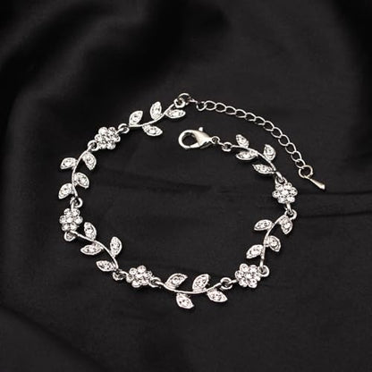 Austrian Crystal Rhinestone Choker Necklace Dangle Earring Link Bracelet Jewelry Set for Brides Bridesmaid Prom Costume Accessories for Women - color: White-Silver Plated