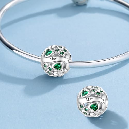 HappyStar 925 Sterling Silver Four Leaf Clover Bead Charm with Cubic Zirconia Birthstone Charms for Bracelets Dangle Pendant Compatible Pandora Bracelets Lucky Charm Birthday Gift - color: 5-May Birthstone Bead