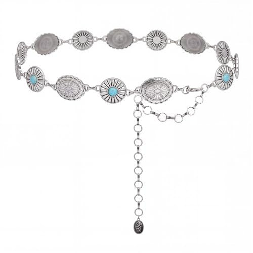 Montana West Rustic Couture's Turquoise Western Concho Chain Belt for Women | Large Western Cowgirl Metal Adjustable Boho Body Chain Belt for Dresses Jeans Country Concert - color: Peacock Plume Turquoise