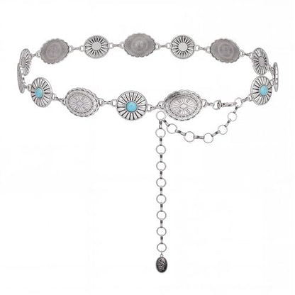 Montana West Rustic Couture's Turquoise Western Concho Chain Belt for Women | Large Western Cowgirl Metal Adjustable Boho Body Chain Belt for Dresses Jeans Country Concert - color: Peacock Plume Turquoise