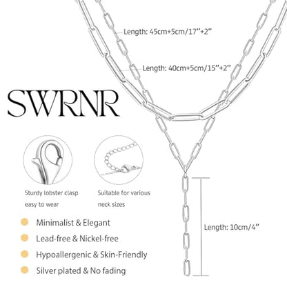 Lariat Necklace for Women, Dainty 14K Gold/Silver Plated Long Necklaces for Women Trendy Simple Layered Y-Shaped Pendant Necklace Adjustable Fashion Jewelry Gift - color: Silver, style: Paperclip Chain
