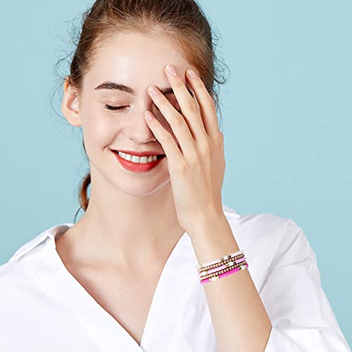 GOOJIDS Surfer Heishi Clay Bead Bracelets for Women Bohemian Stackable Gold Plated Beaded Stretch Bracelets Elastic Layering Friendship Bracelets Set Boho Jewelry - color: C-New Rose Color Sets