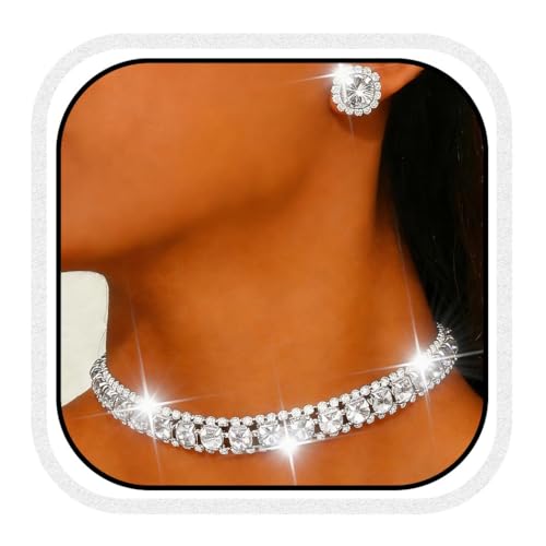 CLOACE Rhinestone Bridal Wedding Jewelry Set Sparkly Chocker Necklaces Earrings Prom Jewelry Accessories for Women - color: Silver