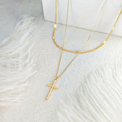 Airmb Cross Necklace for Women Gold/Silver Plated Layered Dainty Cross Chain Trendy Choker Satellite Charm Small Crucifix Pendant Gold/Silver Necklace Stackable Hypoallergenic Delicate Gift for Women - color: Gold-2PS Dot Chain