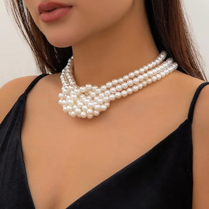 Knot Pearl Choker Necklace For Women 1920s Faux Pearl Bead Statement Necklace Adjustable Twisted Knot Charm Necklaces Jewelry Valentine Christmas Gift - color: White