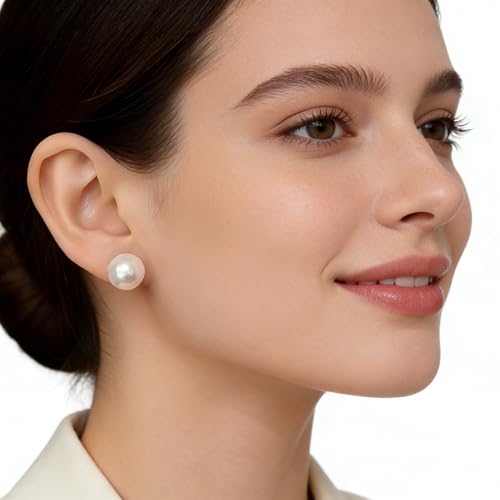 White Faux Pearl Stud Earrings, S925 Silver Posts Hypoallergenic for Women - color: Creamy White, size: 14mm