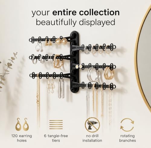 6-Tier Hanging Wall Jewelry Organizer, Earring, Necklace, Ring Holder-Black | Large Capacity with 120 Earring Holes, Rotating Branches, Includes 3M Command Strips, Bracelet, Ring & Necklace Storage - color: 6-Tier Midnight Black