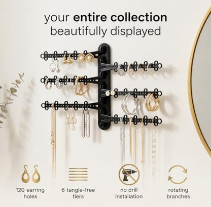 6-Tier Hanging Wall Jewelry Organizer, Earring, Necklace, Ring Holder-Black | Large Capacity with 120 Earring Holes, Rotating Branches, Includes 3M Command Strips, Bracelet, Ring & Necklace Storage - color: 6-Tier Midnight Black