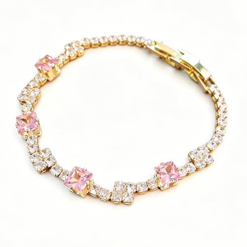 Women's Dainty Pink CZ Tennis Bracelet, 14K Gold Plated Sparkling Cubic Zirconia Chain Bracelet, Delicate Jewelry, Gift for Birthday, Wedding, Anniversary, Suitable for Party, Daily Wear - color: Pink