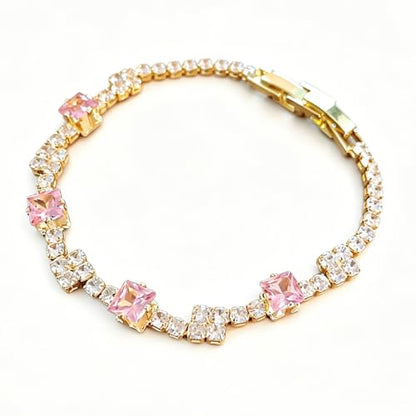 Women's Dainty Pink CZ Tennis Bracelet, 14K Gold Plated Sparkling Cubic Zirconia Chain Bracelet, Delicate Jewelry, Gift for Birthday, Wedding, Anniversary, Suitable for Party, Daily Wear - color: Pink