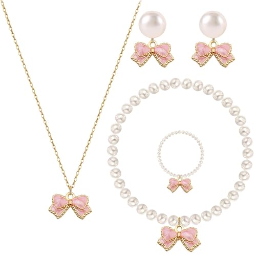 MALOYANVE 4PCS Bow Necklace Earrings Bracelet Ring Set for Women Elegant Bowknot - Adorned Pearl Jewelry Silk Ribbon Necklace Bracelet and Earrings for Christmas - style: Pink Bow