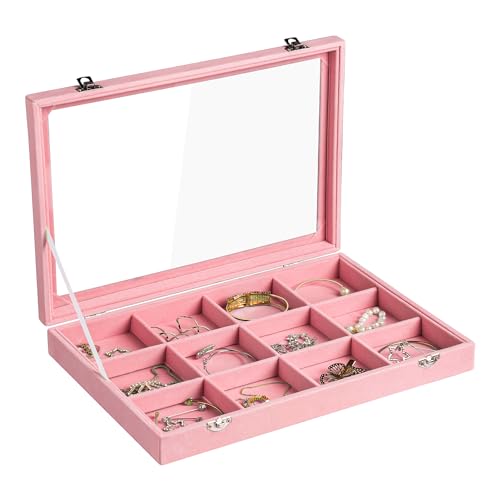 Frebeauty 12 Grid Bracelet Holder Box,Velvet Jewelry Tray with Clear Lid | Real Glass Lid,Bracelet Display,Jewelry Organizer for Bangle Brooch,Adjustable Divider,Dustproof Design,13.8×9.5Inches - color: Pink, size: 12 Grid