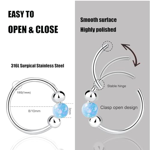 2 Pcs Small Cartilage Hoop Earrings for Women Men, 18G Opal Silver Earrings Hypoallergenic 316L Surgical Steel Hinge Huggie Hoop Earrings for Helix,Tragus,Conch,Rook,Earlobe Piercing Jewelry Nose Ring - style: 2Pcs 8mm Blue Opal/Silver