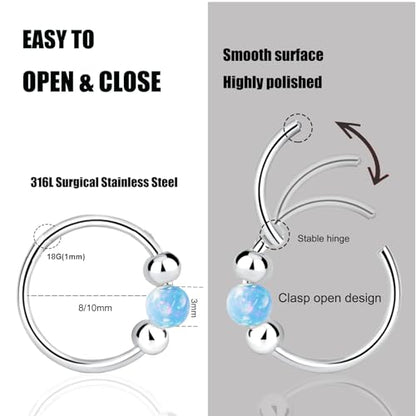 2PCS 18G Opal Cartilage Hoop Earrings, Hypoallergenic Silver Huggie Hoops | 316L Surgical Stainless Steel, 8mm 10mm sizes, hinged closure for easy wear, helix, tragus, conch, nose and daily styling - style: 2Pcs 10mm Blue Opal/Silver