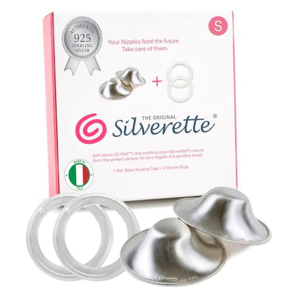 Silverette® The Original Silver Nursing Cups, Nipple Covers for Breastfeeding Essentials, Pure 925 Silver Nipple Shields - color: Small - Regular With O-Feel Silicone Rings
