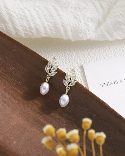 Pearl Earrings for Women, 14k Gold Plated Trendy Diamond Pearl Drop Earrings Bridal Shower Gifts Wedding jewelry for Women - color: Style A Gold