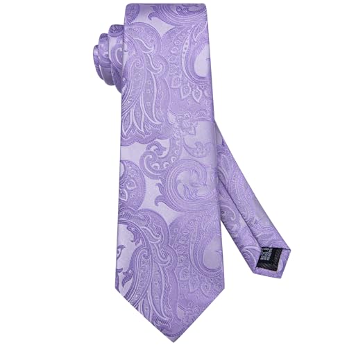 Hi-Tie 5Pcs Mens Solid Color Silk Tie Satin Pretied Bowtie Lapel Pin for Men Handkerchief Cufflink Wedding Gift Box - color: Lavender Purple-self Tie