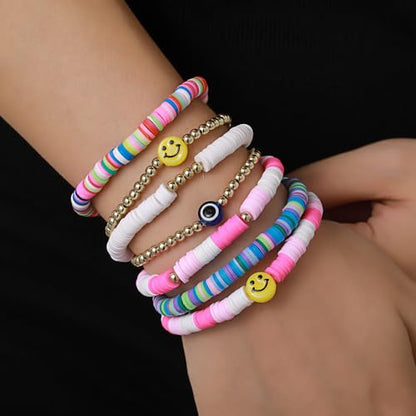 Friendship Bracelets for Women - Heishi Surfer Colorful Smile Evil Eye Clay Beaded Stretch Bracelets Elastic Layering - Stackable Boho Disc Y2K Aesthetic Summer Jewelry Set. - color: A-Evil Eye-7pc