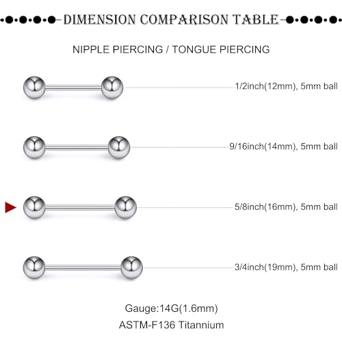 16G-2G ASTM F136 Titanium Internally Threaded Nipple Tongue Rings Piercing Jewelry Straight Industrial Earring Barbell G23 Titanium Nipple Tongue Bars Piercing Jewelry for Women Men 12MM-40MM - style: 14G, 16mm Length, 5mm Ball