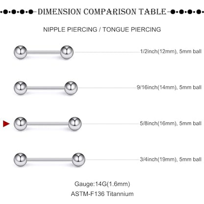 16G-2G ASTM F136 Titanium Internally Threaded Nipple Tongue Rings Piercing Jewelry Straight Industrial Earring Barbell G23 Titanium Nipple Tongue Bars Piercing Jewelry for Women Men 12MM-40MM - style: 14G, 16mm Length, 5mm Ball