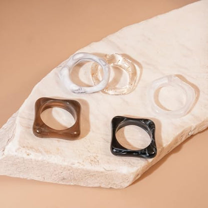 5Pcs Stacking Retro Brown and White Square Resin Knuckle Ring, Simple Chunky Black Acrylic Rings for Women Bohemia Dainty Party Prom Charm Jewelry Gift - color: White