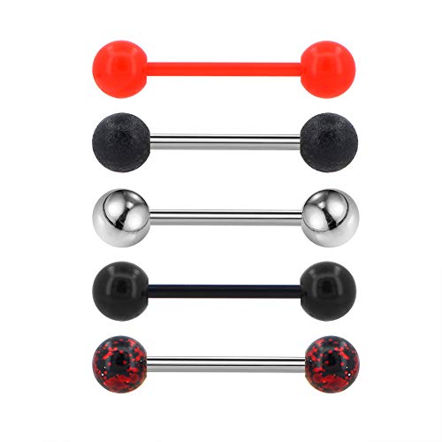 5PCS 14G 316L Stainless Steel Red Black Acrylic Balls Tongue Barbell Painting Tongue Rings Piercing