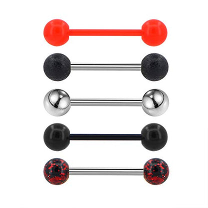 5PCS 14G 316L Stainless Steel Red Black Acrylic Balls Tongue Barbell Painting Tongue Rings Piercing