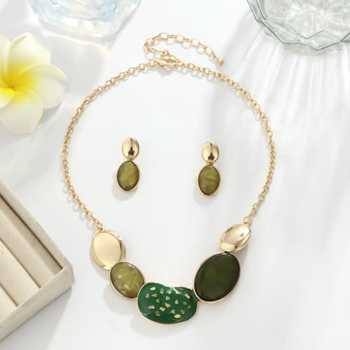 Vintage Statement Jewelry Set - Chunky Flower Floral Plant Geometric Resin Bib Necklace Earring Set Bohemian Boho Crystal Rhinestone Fashion Jewelry for Women Bridal Party Prom Unique Gift - style: MLJS2608-Green
