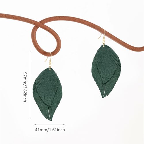 Genuine Leather Handmade Fringe Feather Lightweight Dangle Drop Earrings Teardrop Tassel Hook Earrings for Women - style: 2 Grass Green