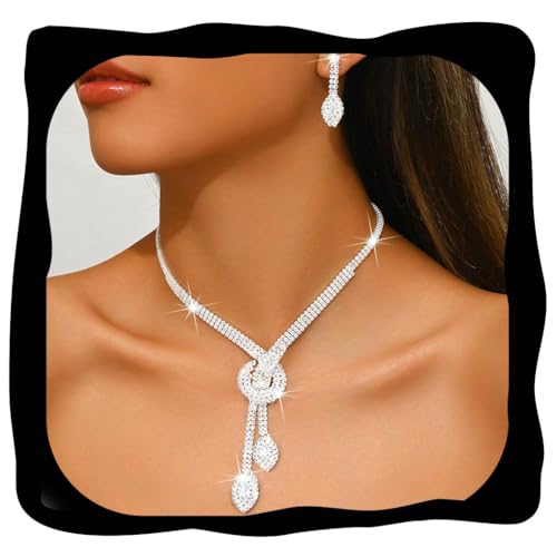 Unicra Silver Rhinestone Bridal Wedding Jewelry Set Crystal Necklace Earrings Sets Formal Prom Costume Jewelry Sets for Women and Brides - color: Silver